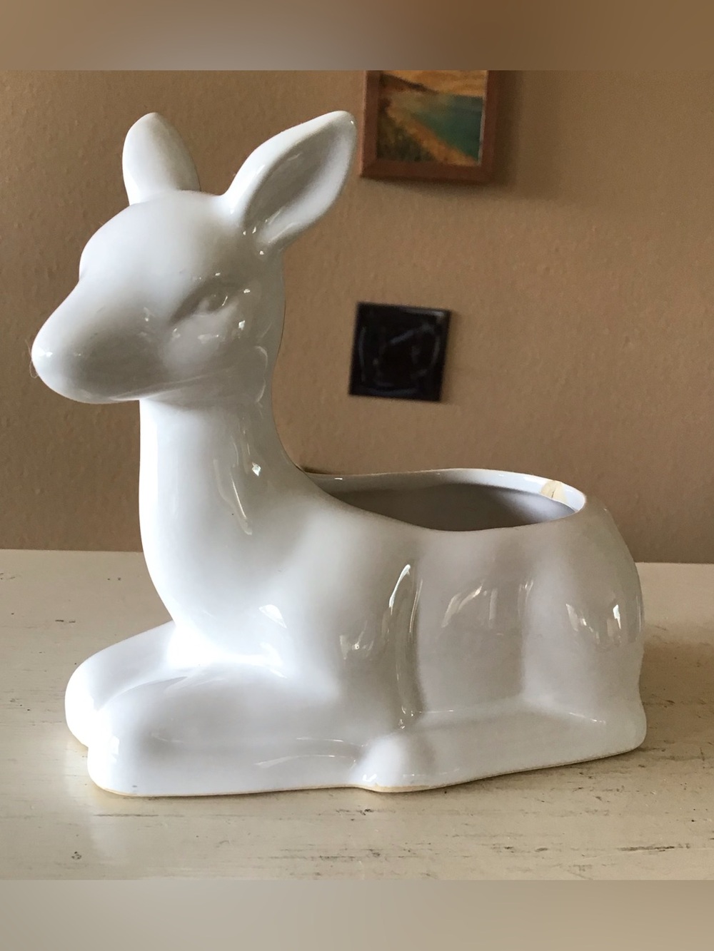 Vintage White Glossy Ceramic Deer Fawn Cottagecore Planter